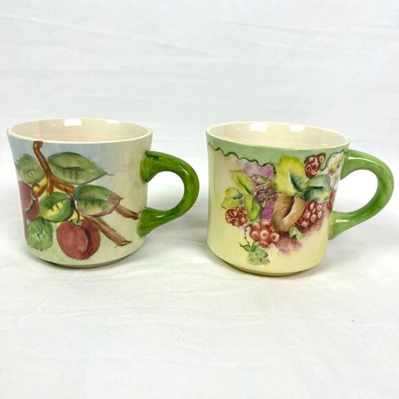 Vintage 1960s Hand Painted Coffee Tea Mugs Floral Fruit Signed 8 Oz Set of 2 - Picture 3 of 7